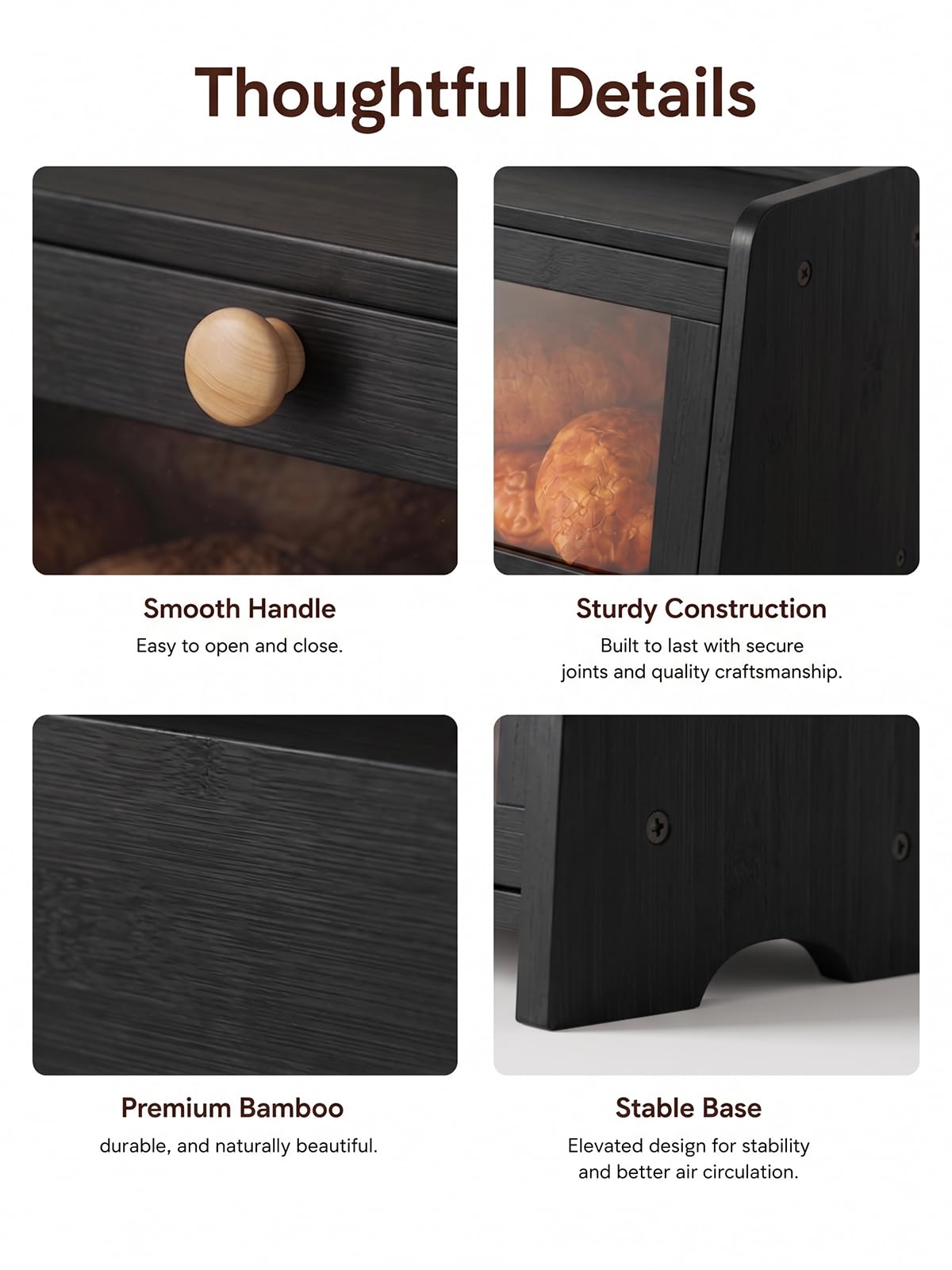 Black Bread Box for Kitchen Countertop