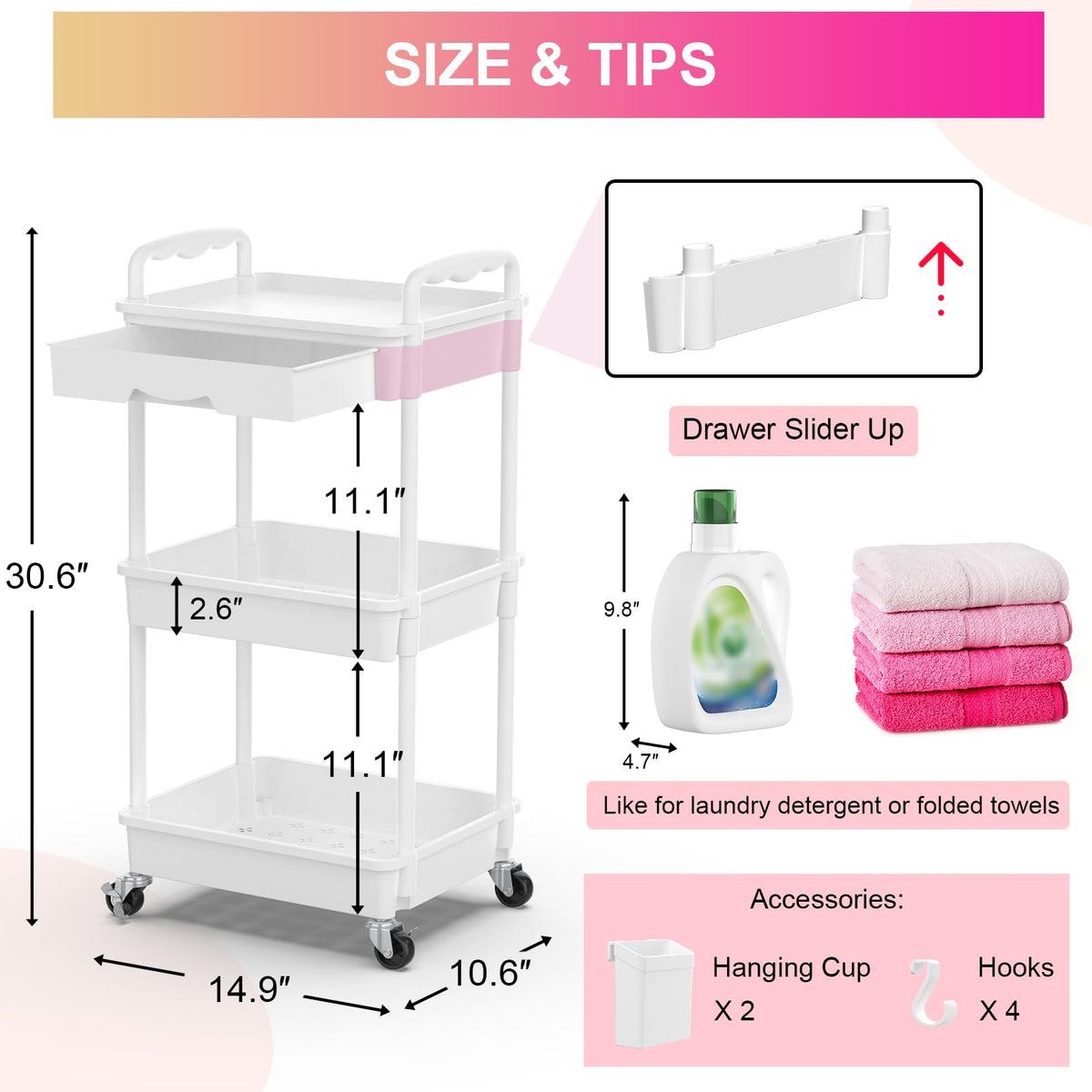 3 Tier Rolling Utility Cart Organizer with Removable Drawer