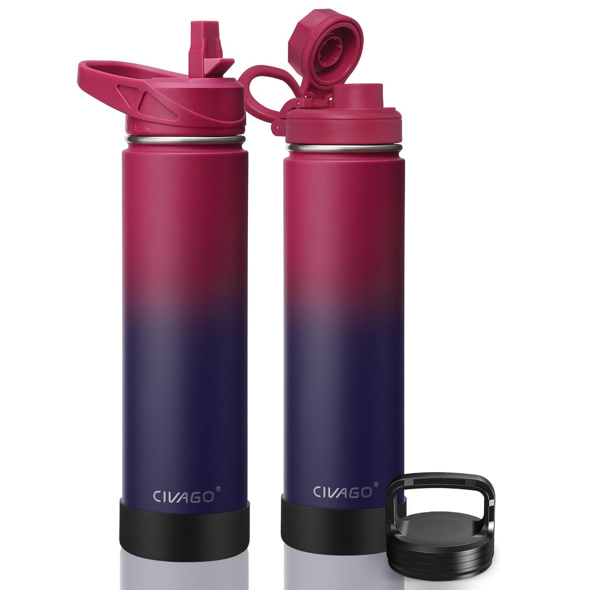 24 oz Insulated Stainless Steel Water Bottle With Straw and 3 Lids