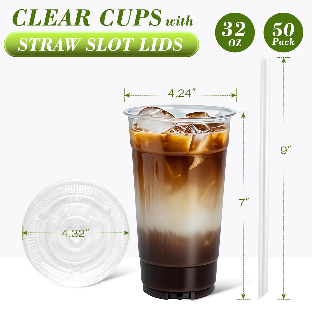 32 oz Clear Plastic Cups with Lids and Jumbo Straws (50 Count)