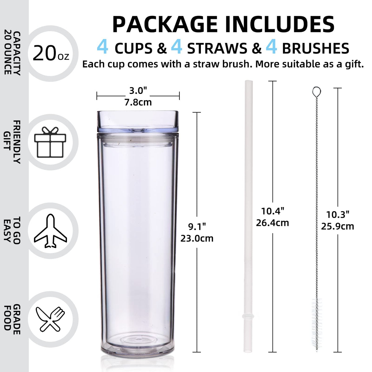 20oz Plastic Skinny Tumblers Bulk 10 Pack (10 Count)