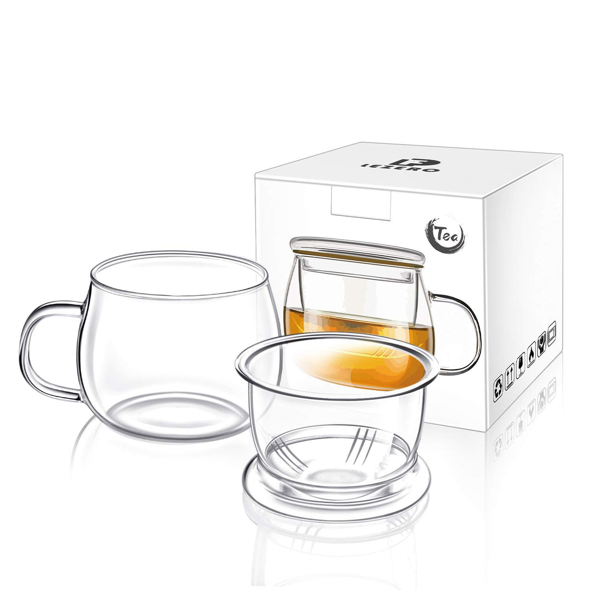 13oz Clear Glass Tea Infuser Cups wtih Filter Basket and Lid for Loose Leaf