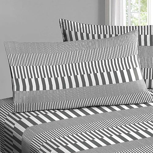 100% Cotton Cascade Stripe Print Queen Pillowcases 400TC Grey (2 Count)