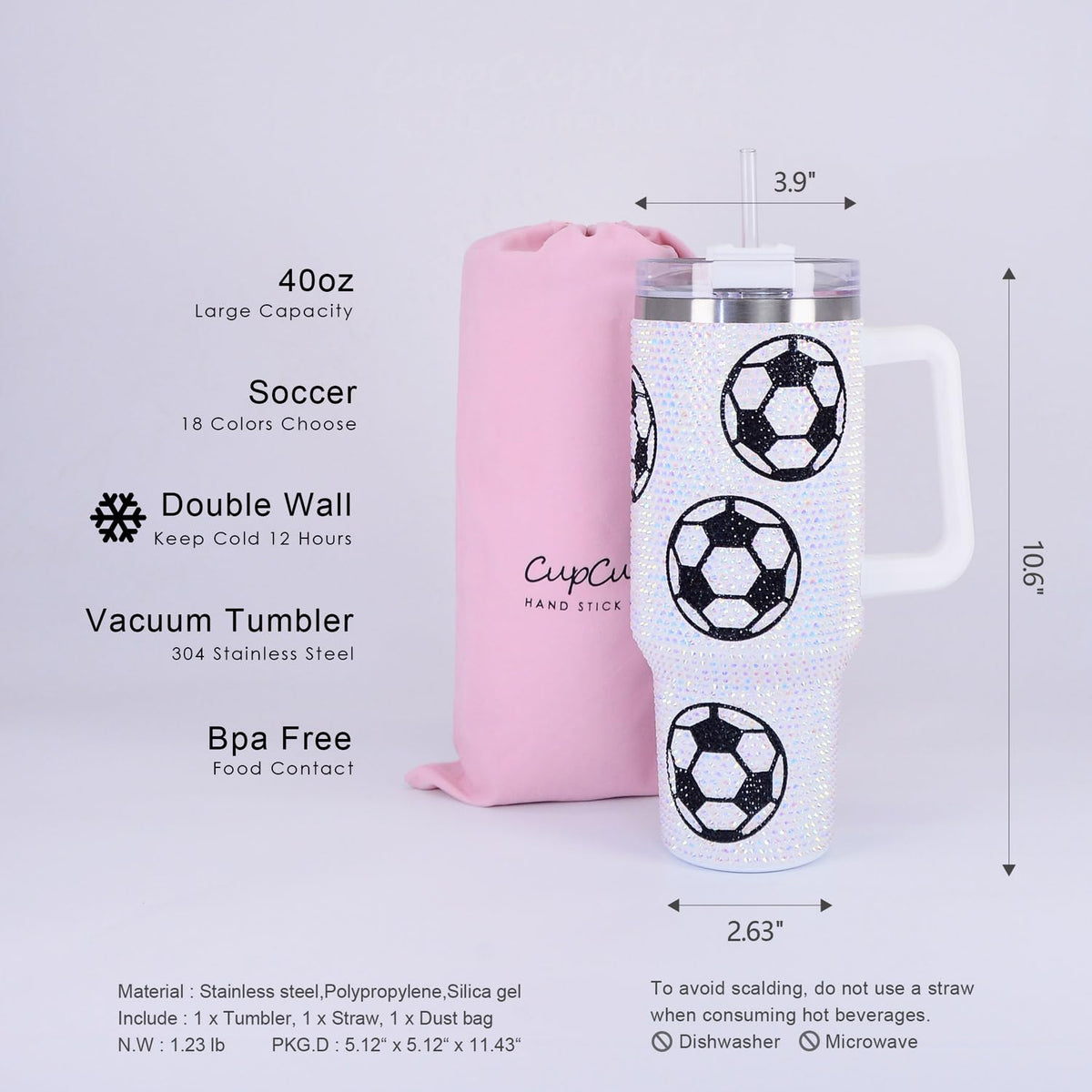 40 oz Bling Rhinestone Tumbler with Handle and Straw Soccer Cup