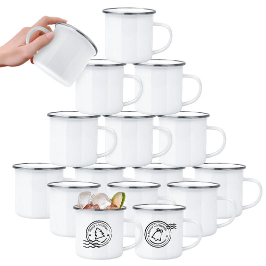 16 Pack Sublimation Blanks Enamel Mug Camping Outdoor Coffee Travel Metal Mug with Silver Rim for Heat Transfer DIY Gift White 12oz (16 Count)