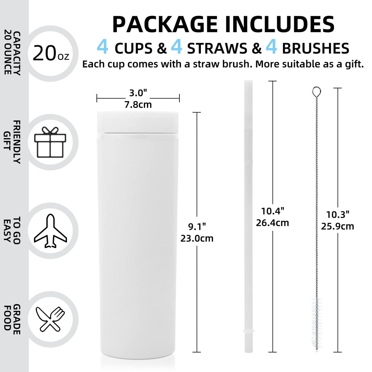 20oz Plastic Skinny Tumblers Bulk 10 Pack (10 Count)