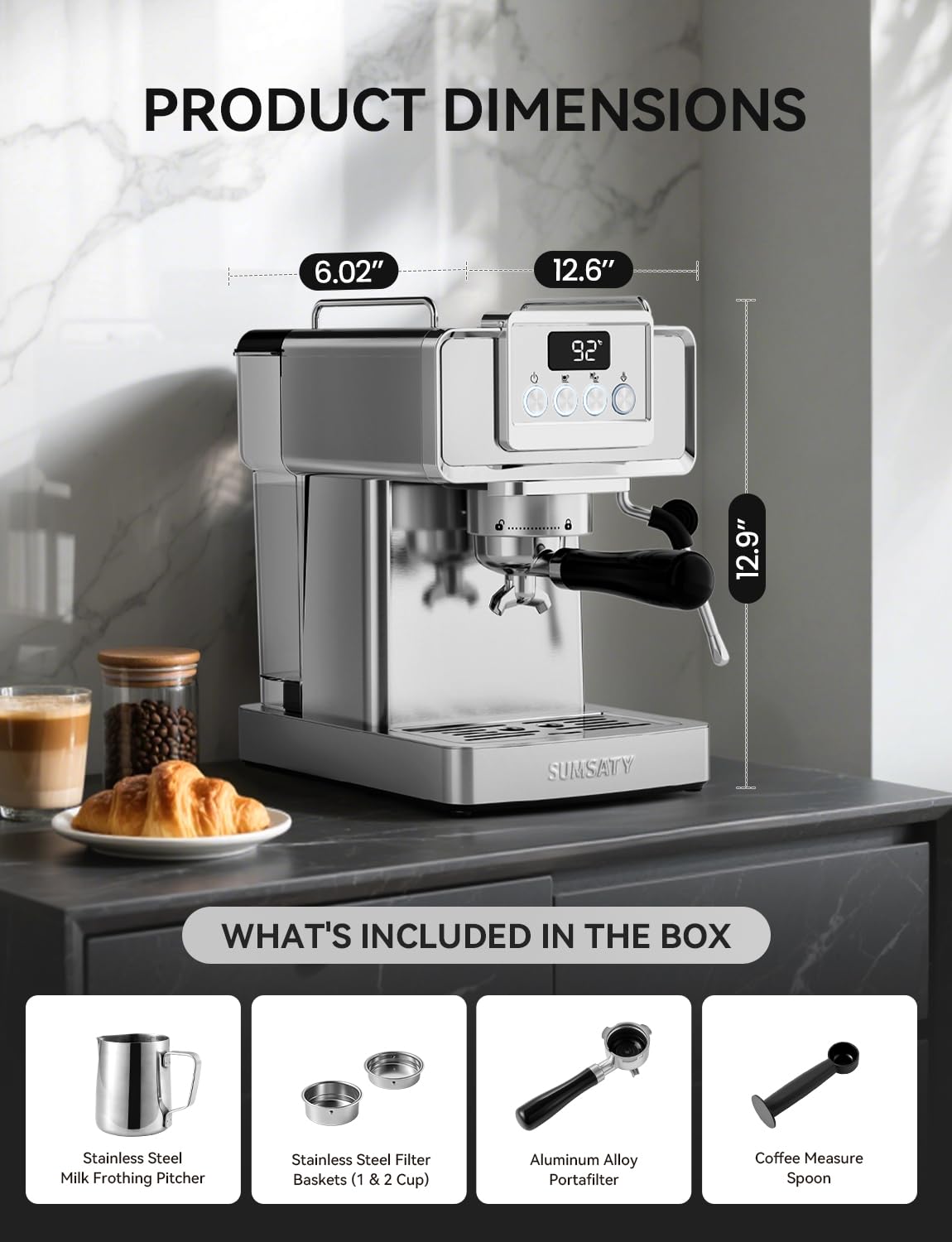 20 Bar Espresso Machine Stainless Steel with Powerful Milk Frother