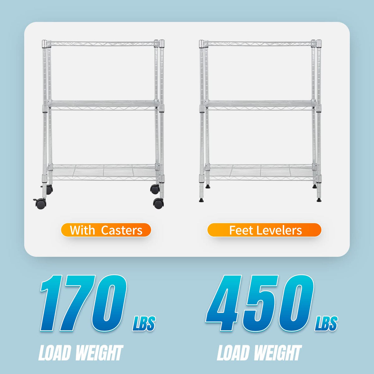3 Tier Wire Shelving Metal Storage Shelves 23L x 13W x 32H Layer Storage Shelves with Wheels for Kitchen Garage Small Places