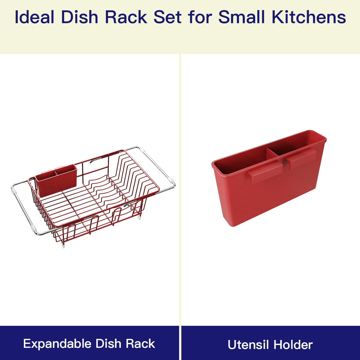 Red Dish Drying Rack Over The Sink with Utensil Holder