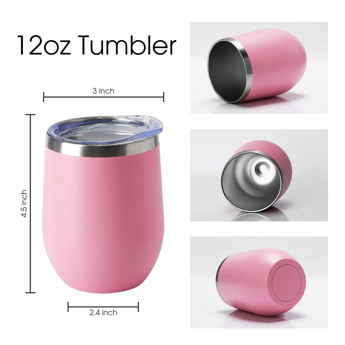 12oz Wine Tumbler with Lid Stemless Wine Glasses Double Wall Vacuum Travel Mugs stainless steel Coffee Cup for Cold & Hot Drinks Wine Coffee Cocktails Beer 6 Pack Pink (6 Count)