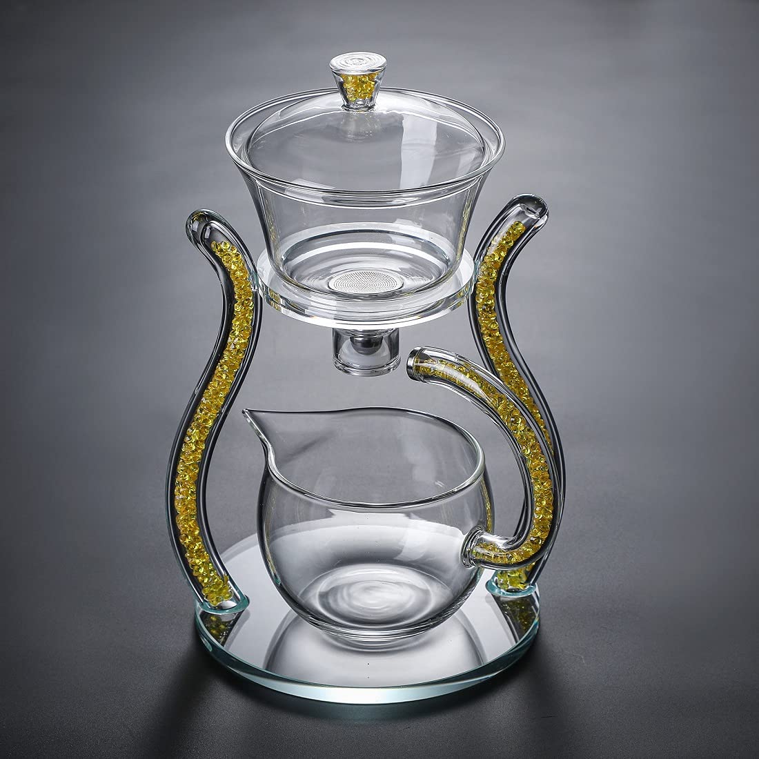 Glass Teapot Set Semi Automatic Drip Rotating with Infuser Lazy Kungfu Tea pot Set