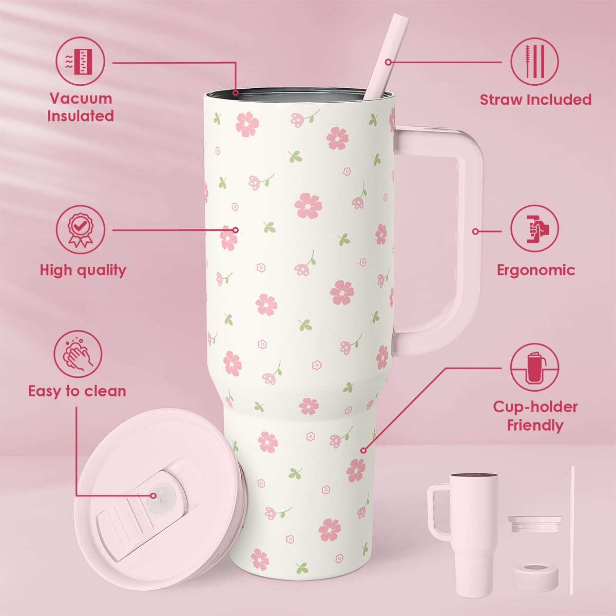 Floral 40oz Tumbler with Handle and Straw