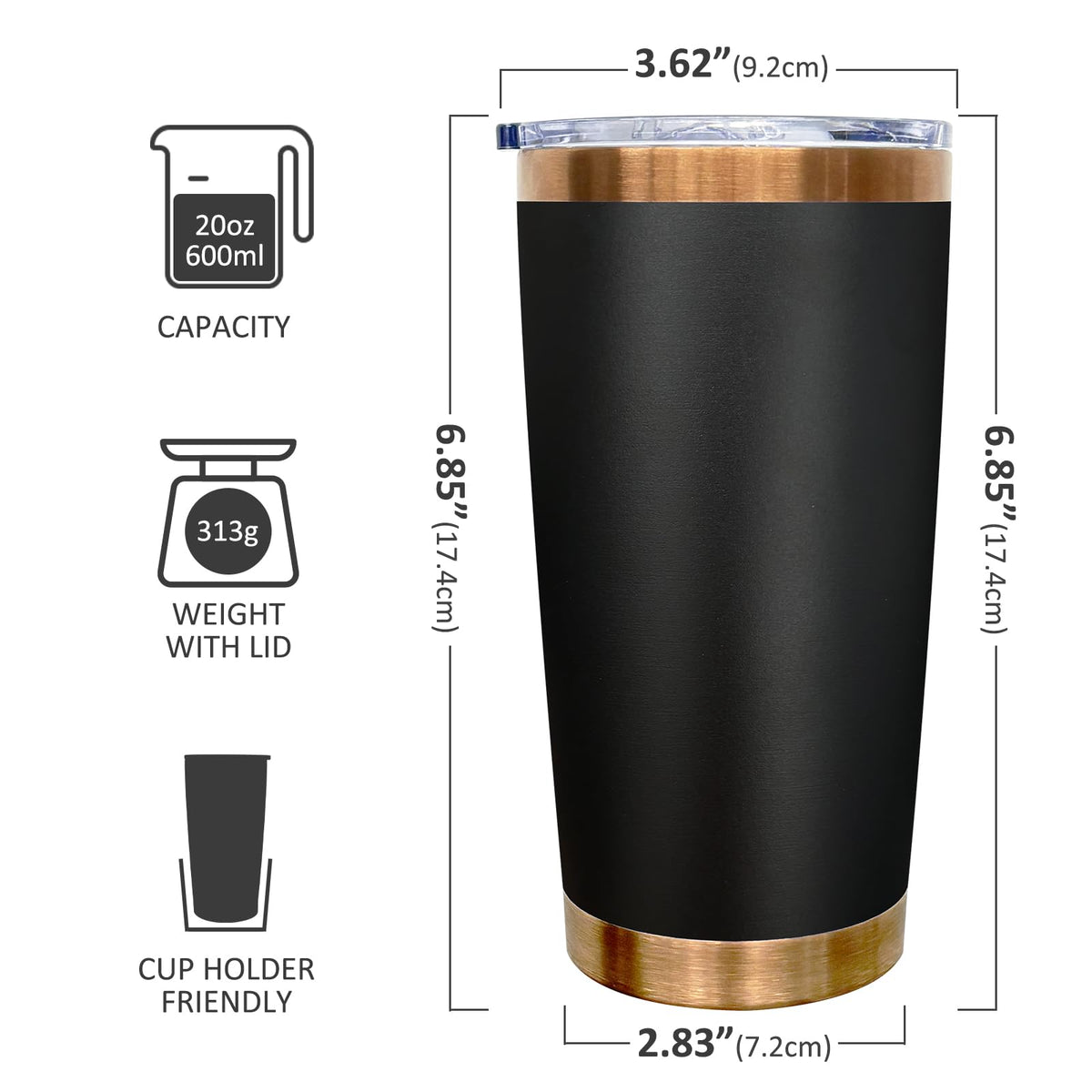 20 oz Insulated Tumblers Bulk With Lid and Straw Black (6 Count)