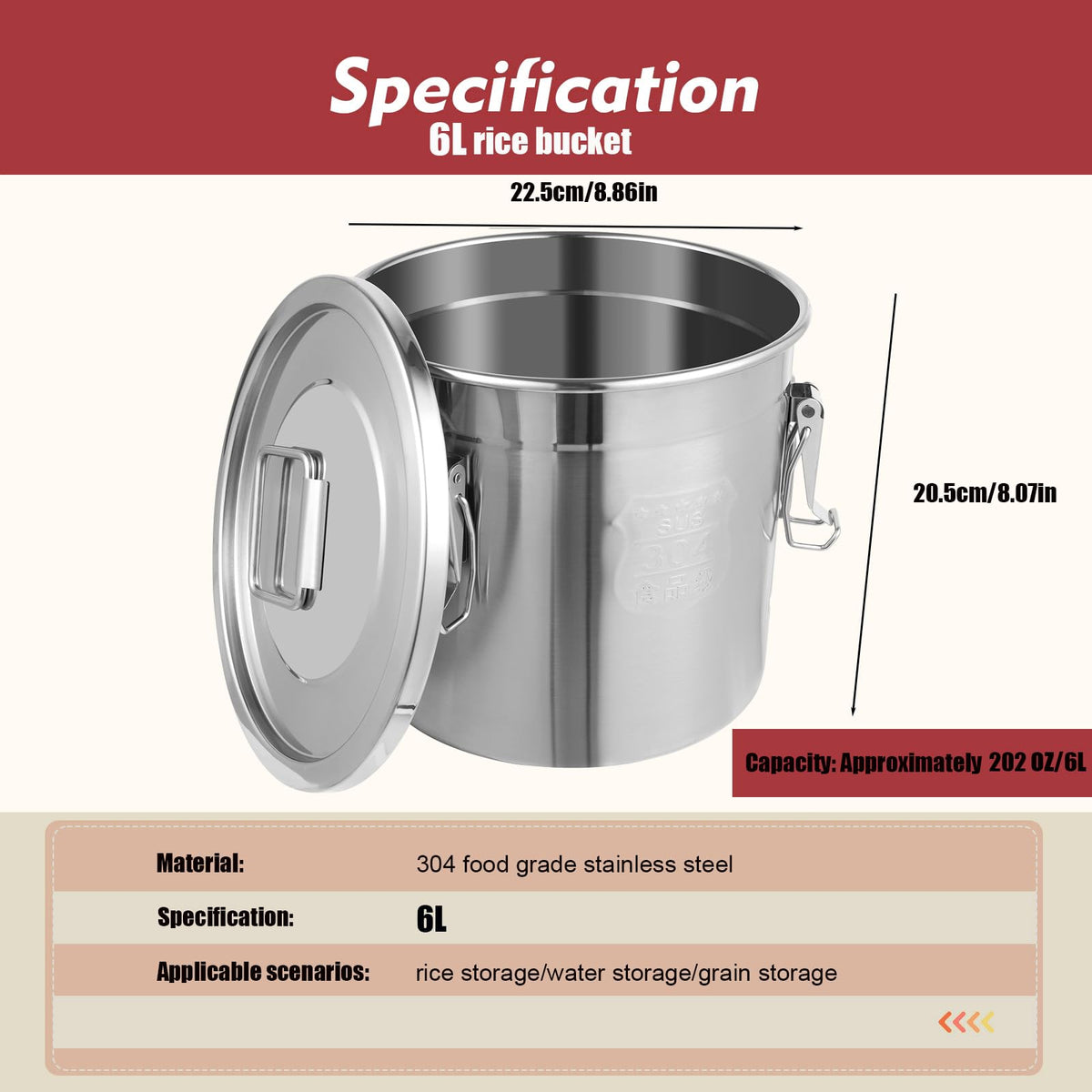 1.61Gal 304 Stainless Steel Airtight Canister