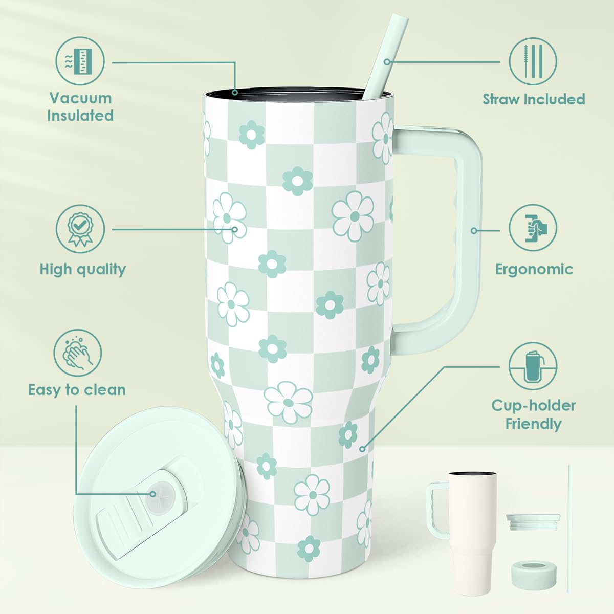 40oz Daisy Flower Tumbler with Handle and Straw