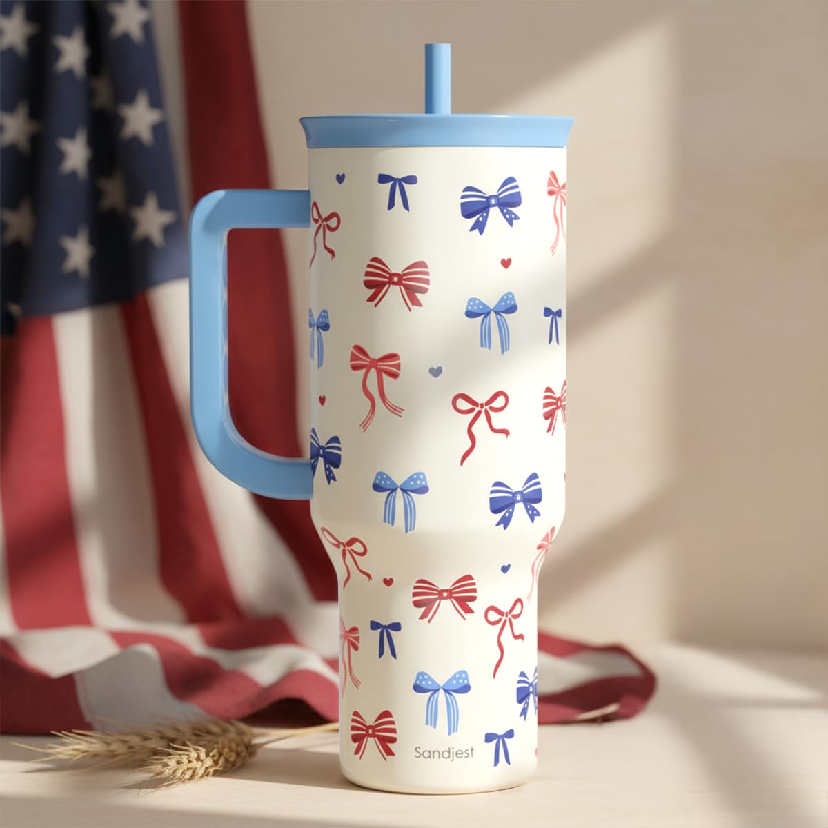 American Flag 40oz Tumbler with Handle and Straw