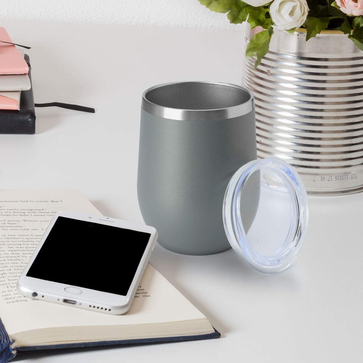 12oz Wine Tumbler with Lid Stemless Wine Glasses Double Wall Vacuum Travel Mugs stainless steel Coffee Cup for Cold & Hot Drinks Wine Coffee Cocktails Beer