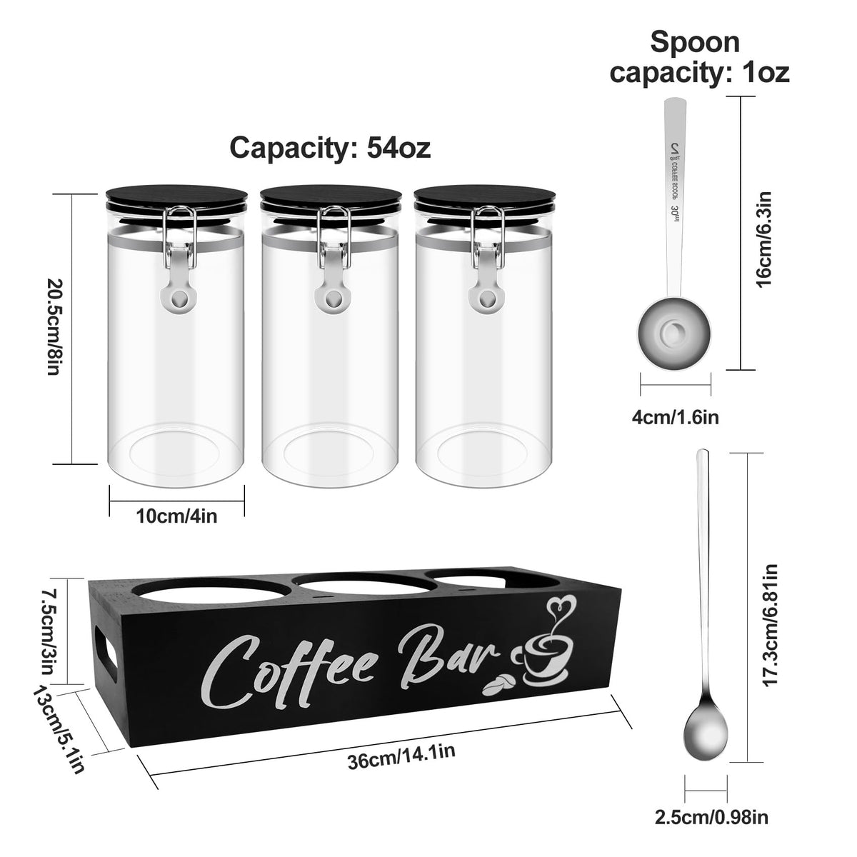 Glass Coffee Containers with Shelf Coffee Station Organizer 54oz Black Glass Coffees Bean Storage Canister with Spoon Coffee Canister Set Kitchen Food Storage Jars for Coffee (7 Count)