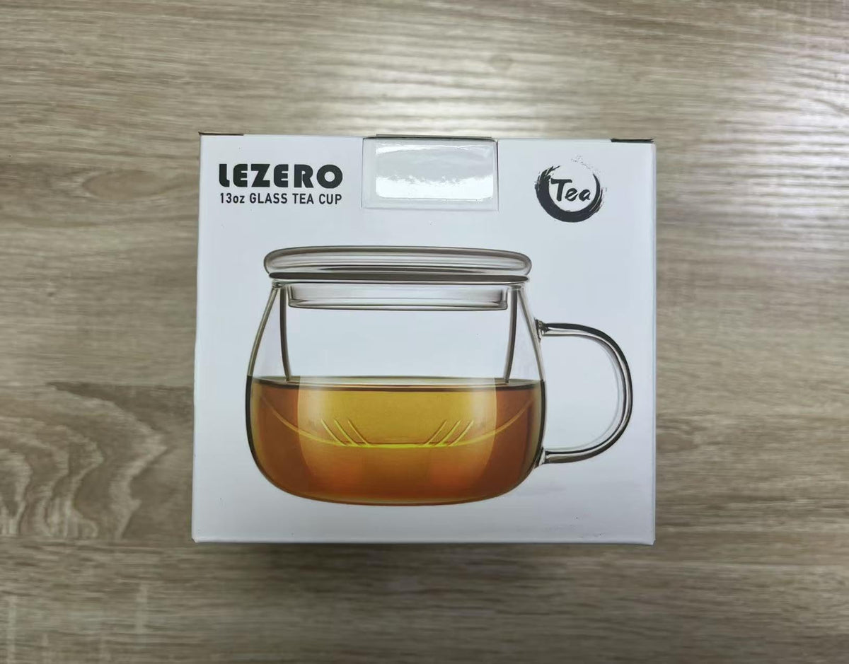 13oz Clear Glass Tea Infuser Cups wtih Filter Basket and Lid for Loose Leaf
