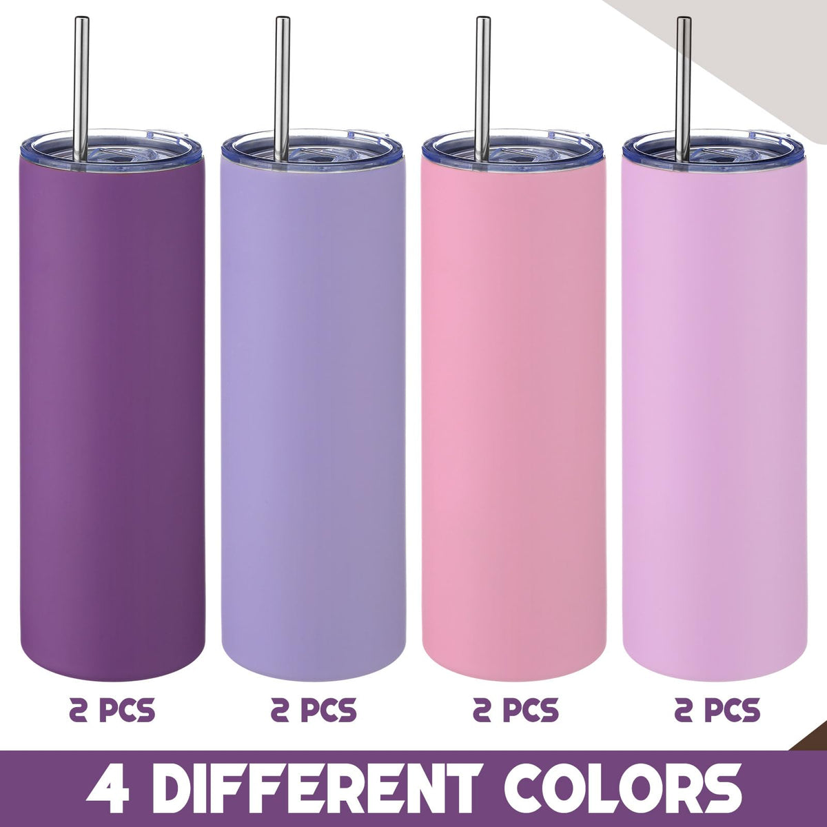 8 Pcs Purple Tumbler 20oz Travel Coffee Mugs with Lid and Straw Insulated Stainless Steel Tumblers Double Wall Vacuum Skinny Water Bottle for Coffee Beverage Hot & Iced Drinks (8 Count)