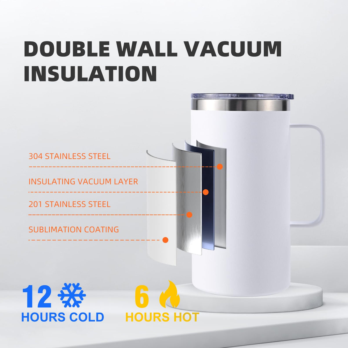 24oz Sublimation Coffee Mugs with Handle Straight Matte Travel Coffee Cups Insulated Stainless Steel Tumblers with Gift Box (6 Count)