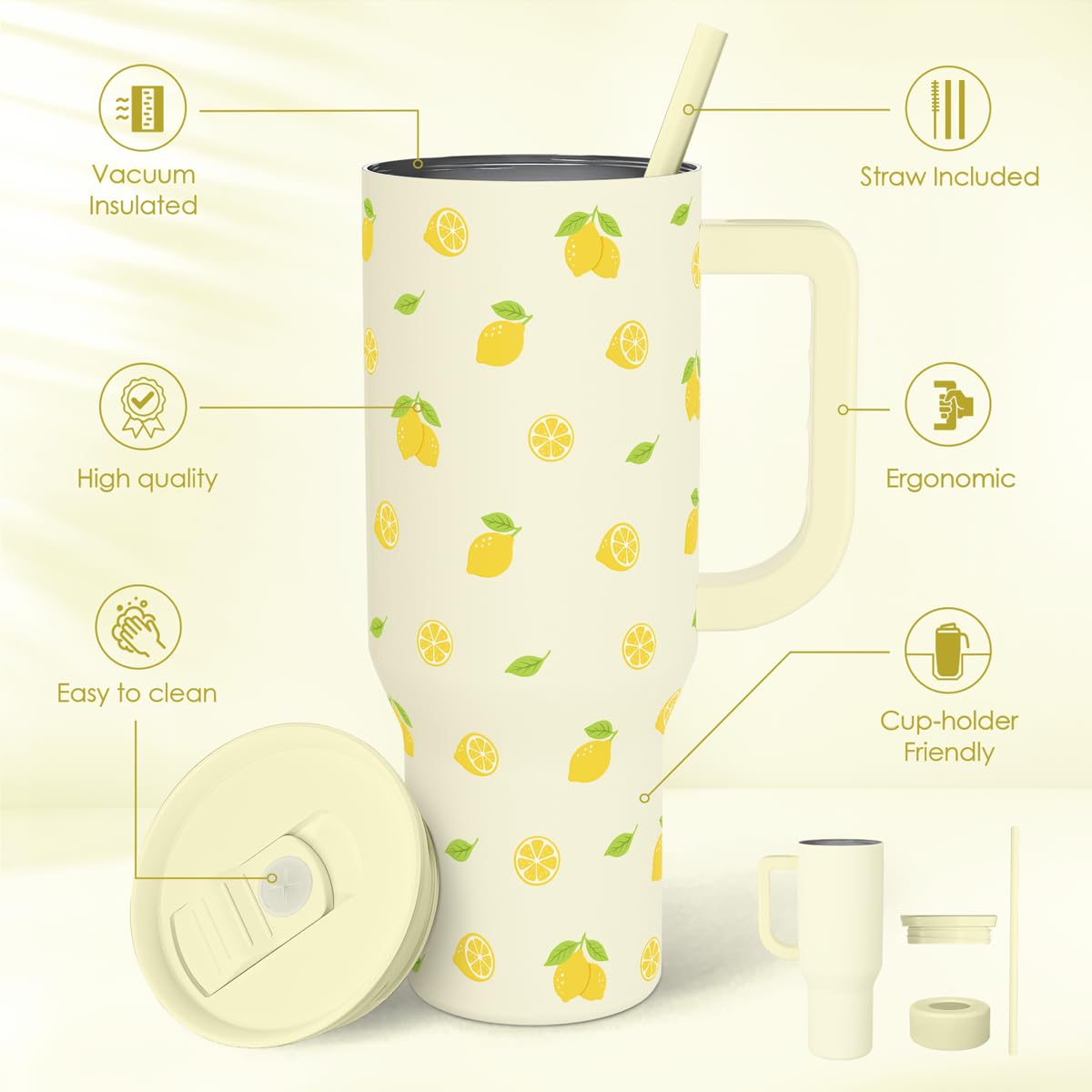 Lemon 40oz Tumbler with Handle and Straw
