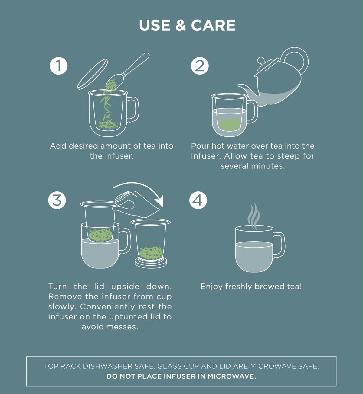 Tea-For-One Steeping Mug – Insulated Double Wall Glass Mug (12 oz), Stainless Steel Infuser, Porcelain Lid/Coaster – Great For Brewing Loose Leaf Tea
