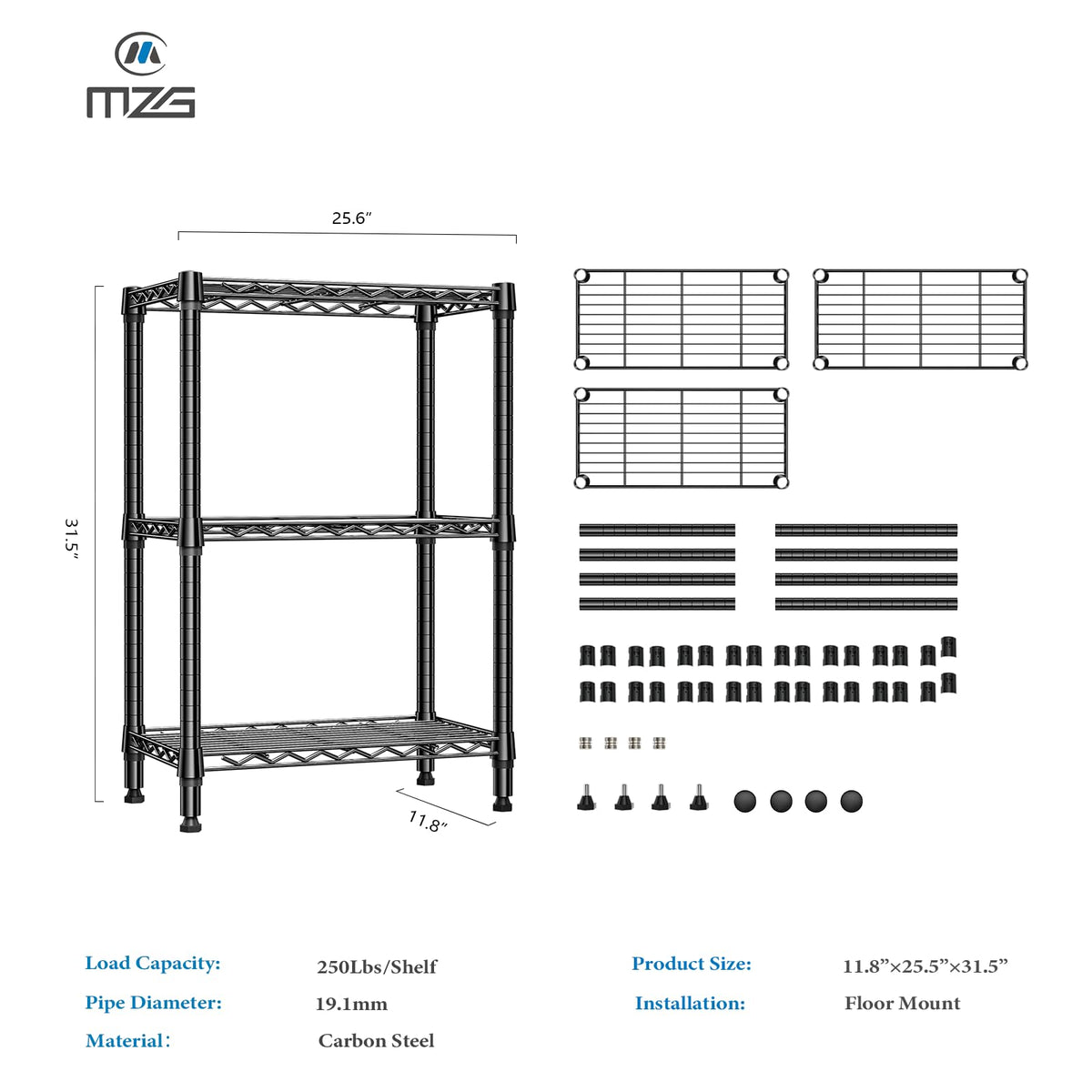 750 lbs 3 Tier Shelf Metal Storage Shelves Wire Rack Closet Organizers for Garage Kitchen Bathroom Laundry Black 11.8" D x 25.6" W x 31.5" H (3 Count)