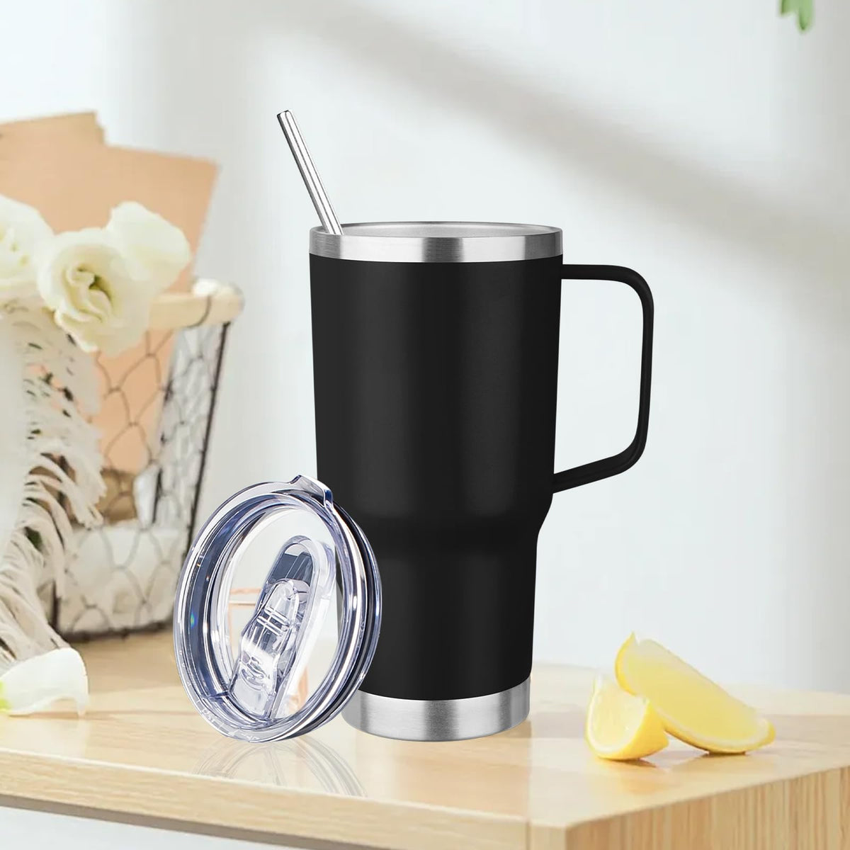 20oz Insulated Tumbler with Handle Stainless Steel Travel Coffee Mug with Lid and Straw Double Wall Vacuum Leak (4 Count)