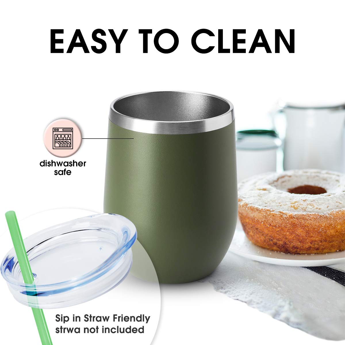 12oz Wine Tumbler with Lid Stemless Wine Glasses Double Wall Vacuum Travel Mugs stainless steel Coffee Cup for Cold & Hot Drinks Wine Coffee Cocktails Beer 1 Pack Army Green