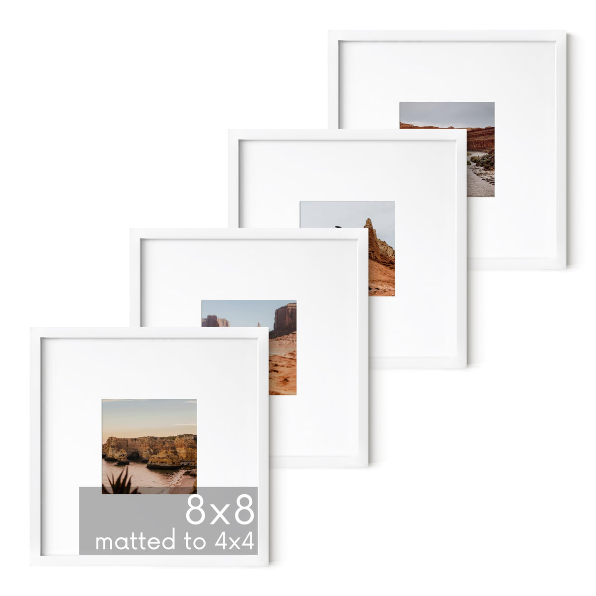 8x8 White Metal Picture Frames Matted to 4x4 (4 Count)