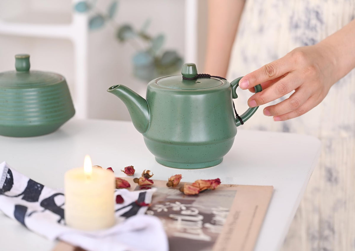 Rural Style Ceramic Teapot with Stainless Steel Infuser 16 OZ Green