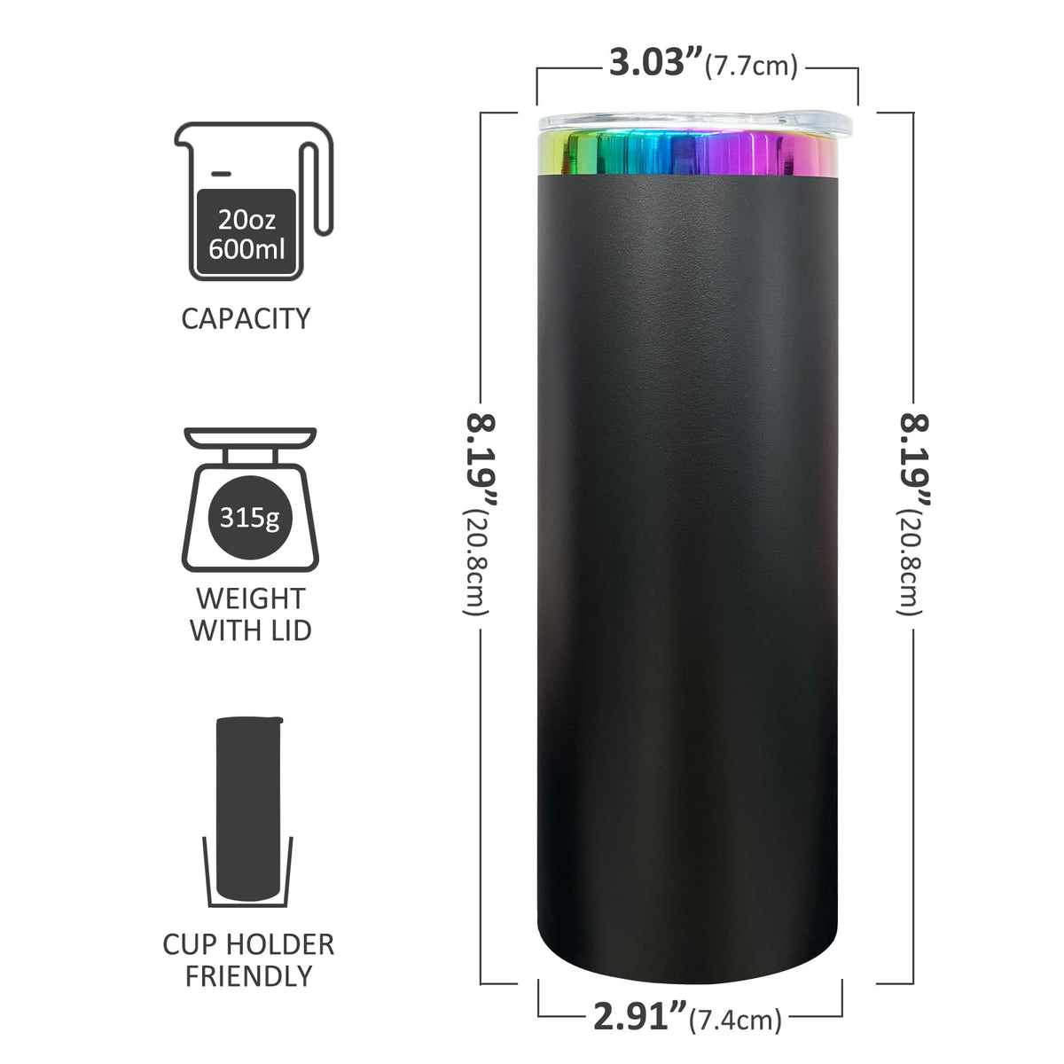 20 oz Skinny Tumblers Bulk With Lid and Straw Black (4 Count)
