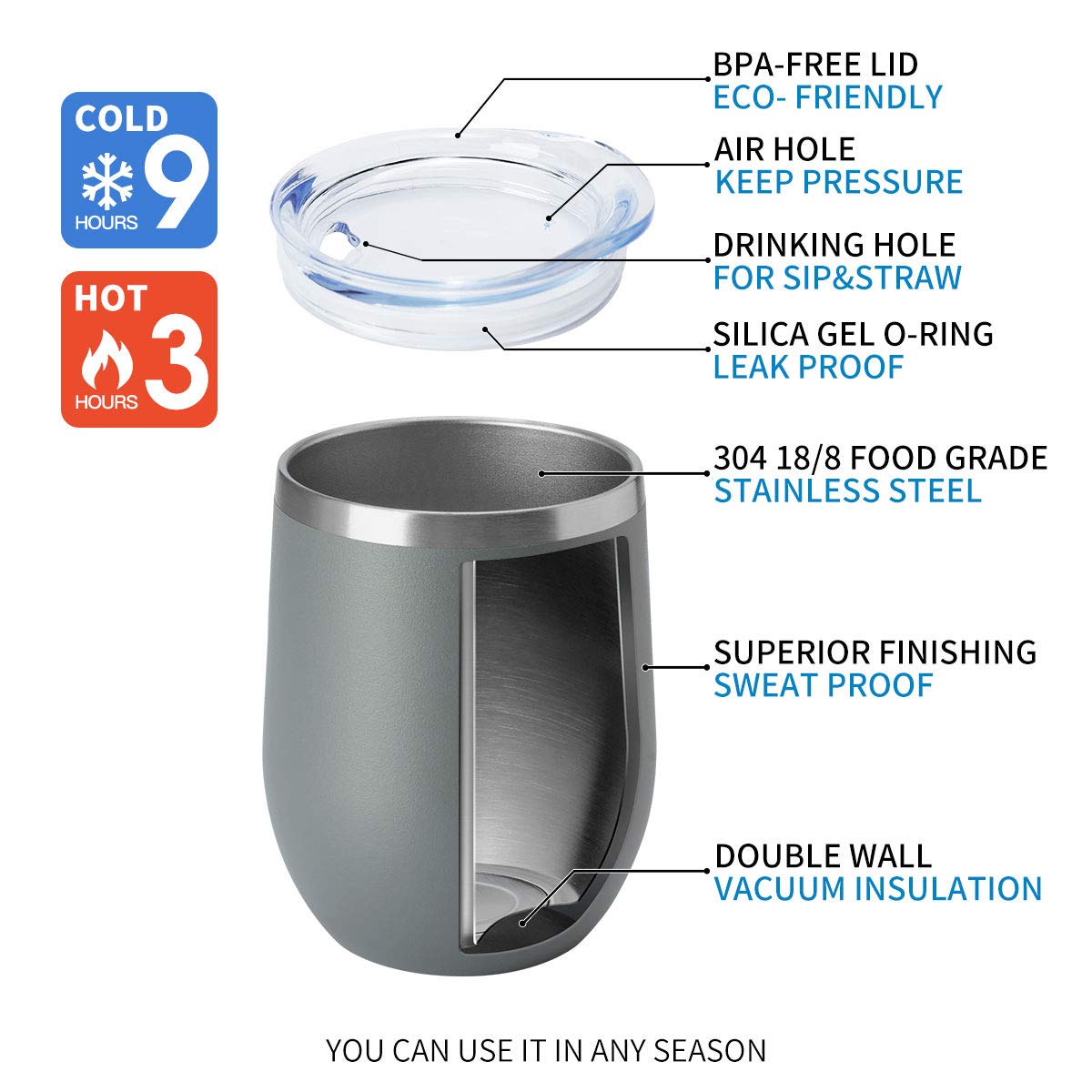 12oz Wine Tumbler with Lid Stemless Wine Glasses Double Wall Vacuum Travel Mugs stainless steel Coffee Cup for Cold & Hot Drinks Wine Coffee Cocktails Beer