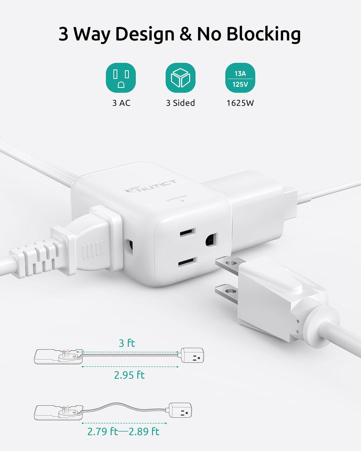 3FT Flat Extension Cord with Outlet Cover