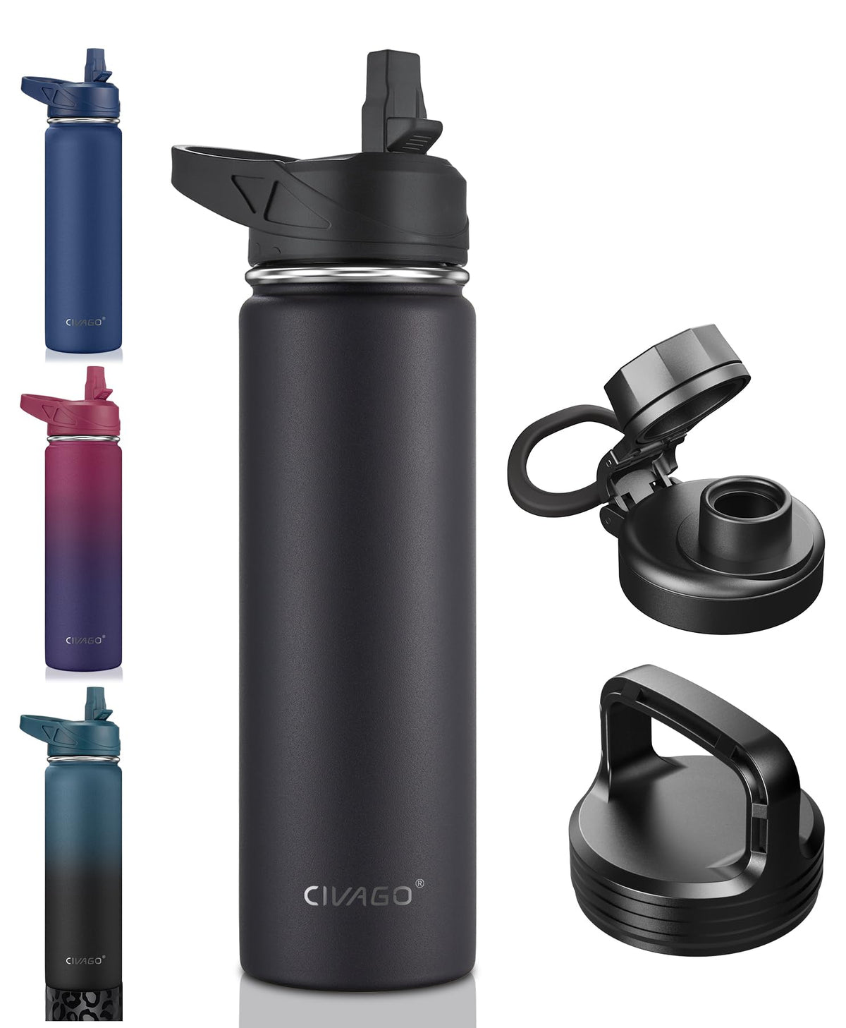 22 oz Insulated Stainless Steel Water Bottle With Straw and 3 Lids