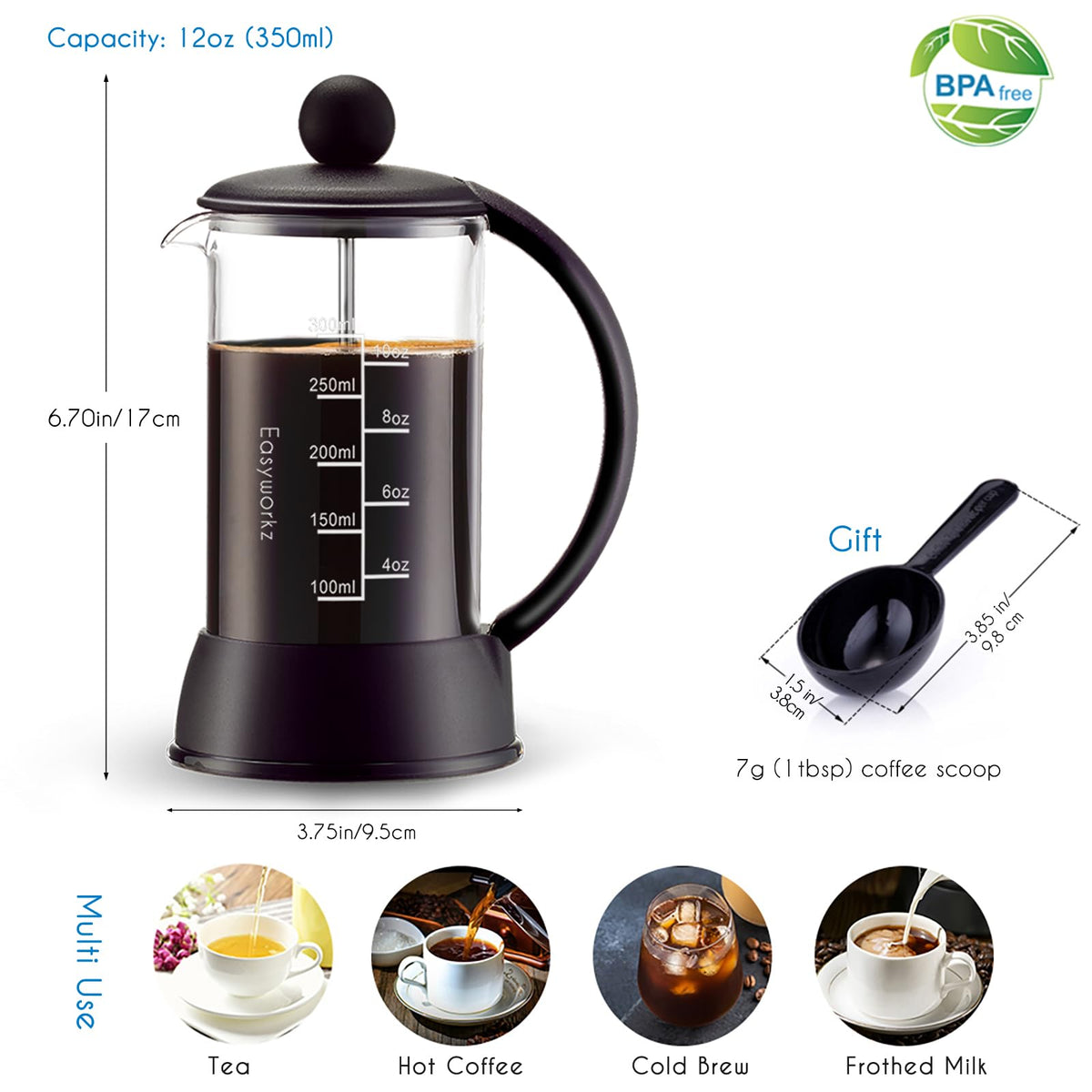Eclipse French Press 12 oz Coffee Tea Maker with Borosilicate Glass