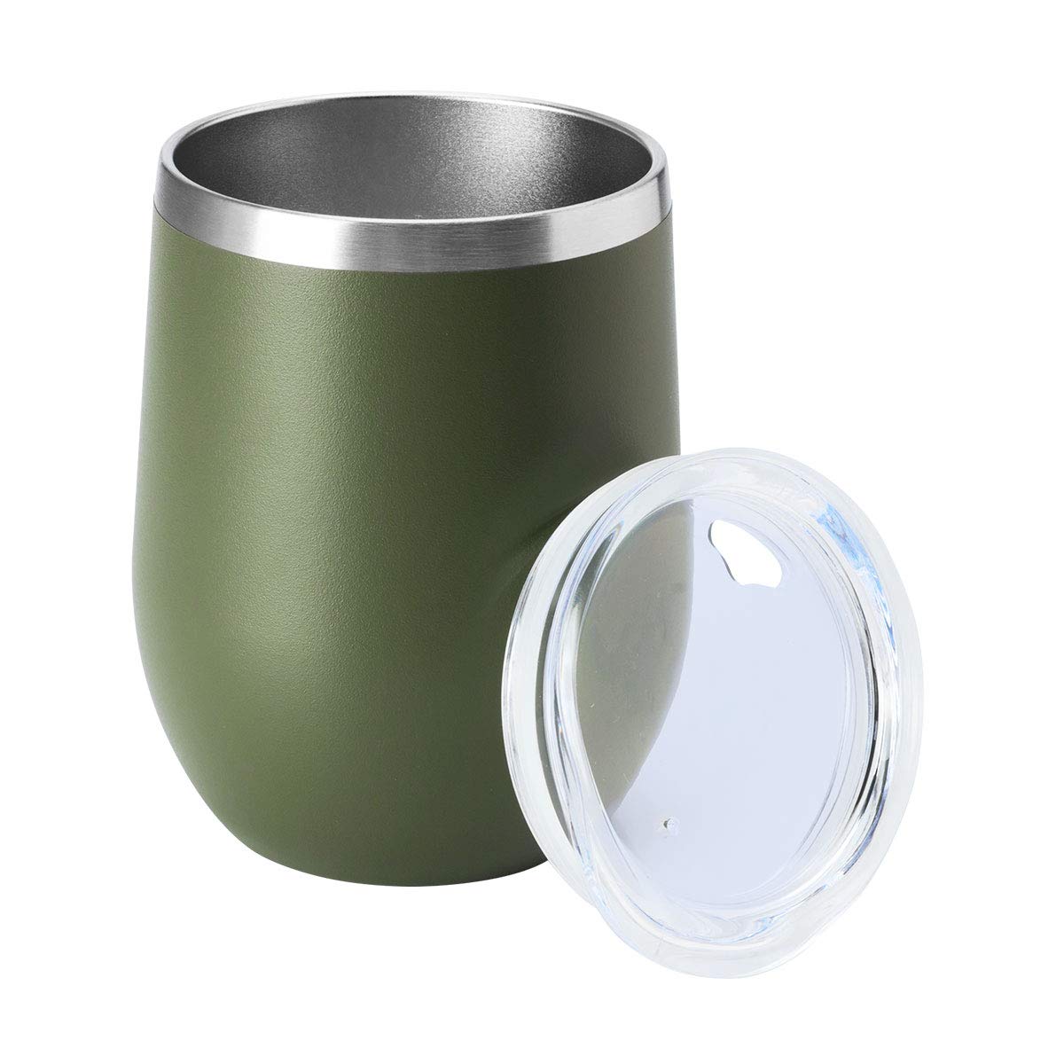 12oz Wine Tumbler with Lid Stemless Wine Glasses Double Wall Vacuum Travel Mugs stainless steel Coffee Cup for Cold & Hot Drinks Wine Coffee Cocktails Beer 1 Pack Army Green
