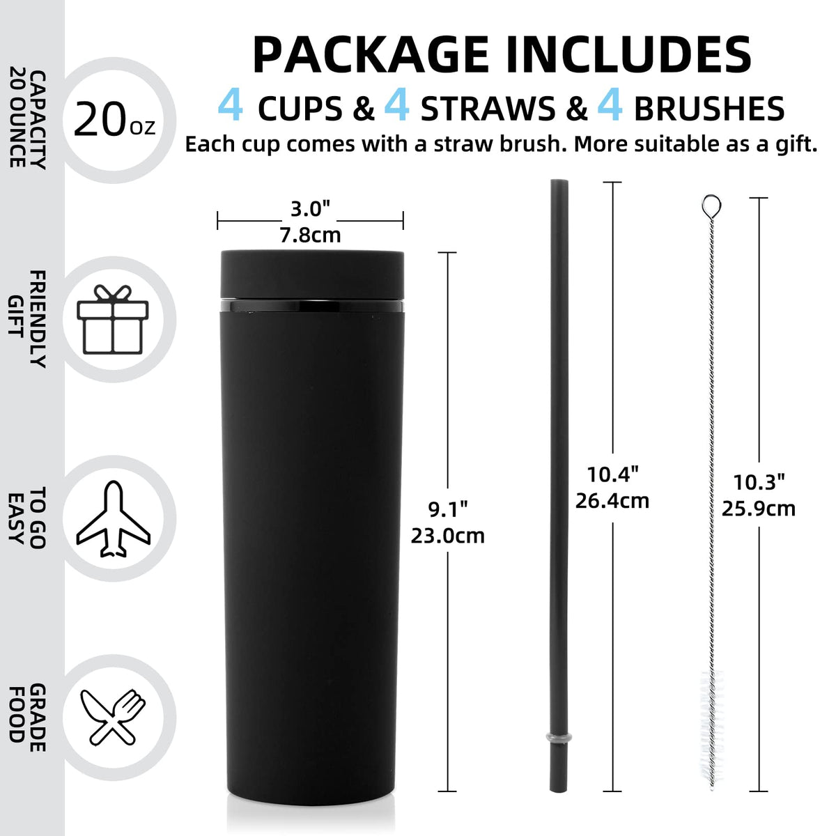 20oz Plastic Skinny Tumblers Bulk 4 Pack (4 Count)