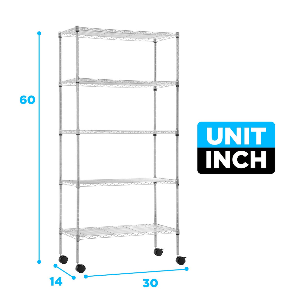 30" L×14" W×60" H Wire Shelving Unit Commercial Metal Shelf with 5 Tier Casters Adjustable Layer Rack Strong Steel for Restaurant Garage Pantry Kitchen Garage