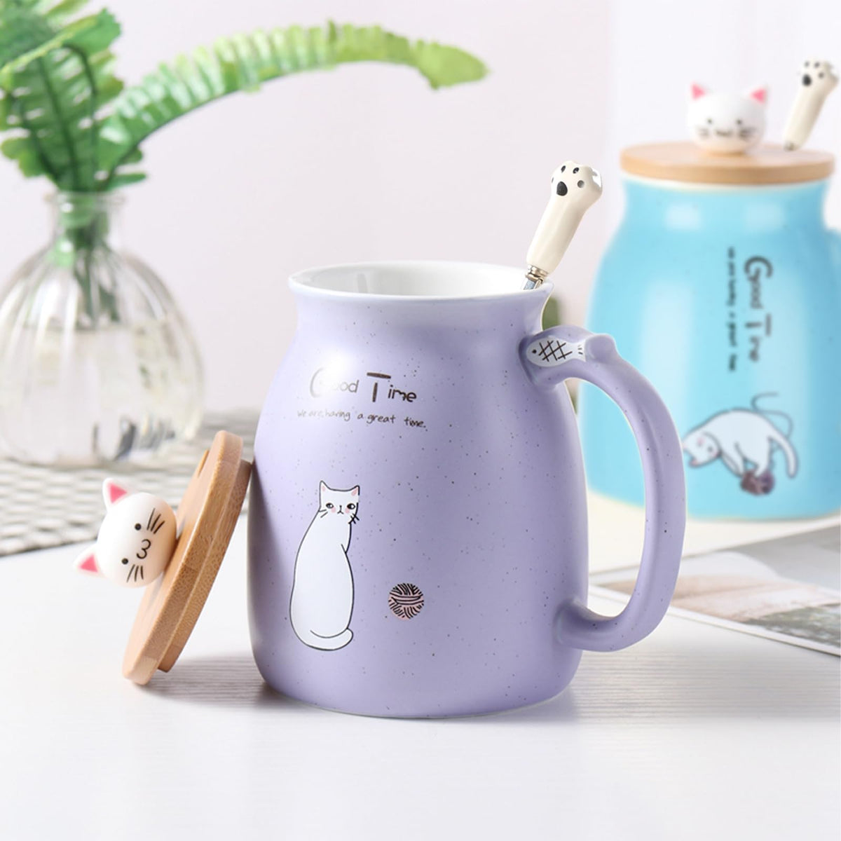 2Pcs Kawaii Tea Cup with Infuser Ceramic Cat Mug Cute Mugs Coffee Mugs Gifts for Cat Lovers Cute Cool Preppy Stuff Mother's Day Gifts for Women 13oz