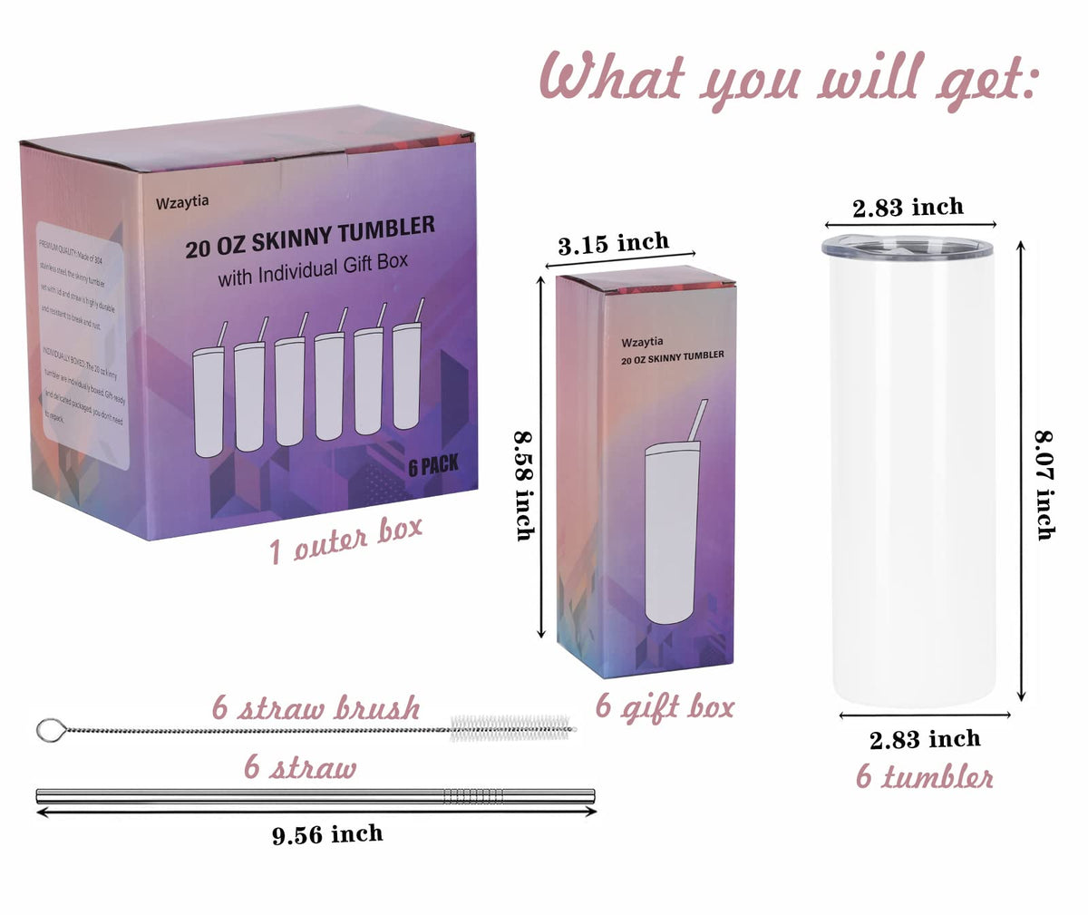 6 Pack 20 Oz Straight Skinny Tumblers (6 Count)