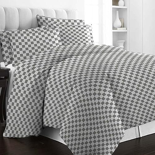 100% Cotton Smart Plaid Print Queen Duvet Cover Set 400TC Grey