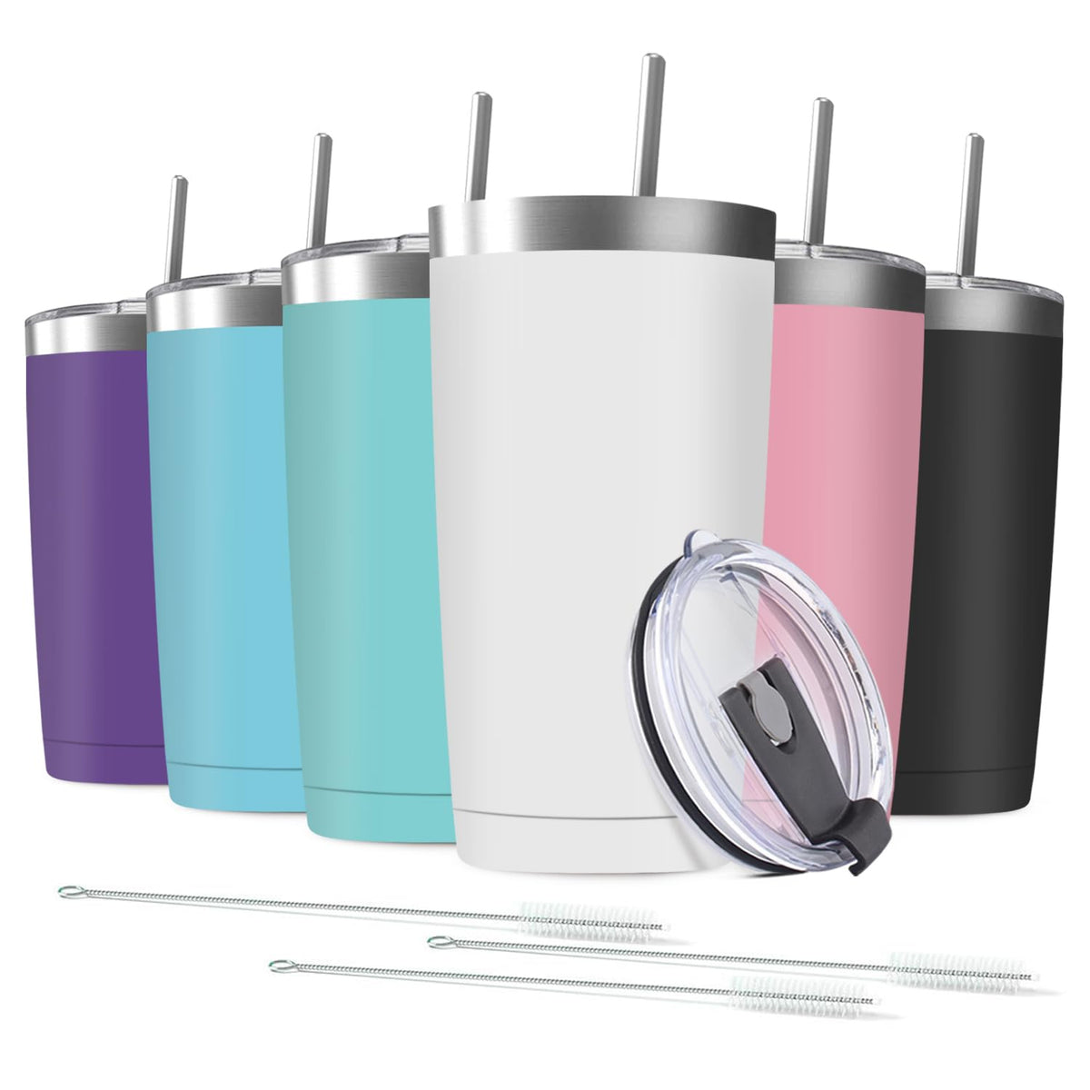 6 Pack 20 oz Stainless Steel Insulated Tumbler with Straw and Lid (6 Count)