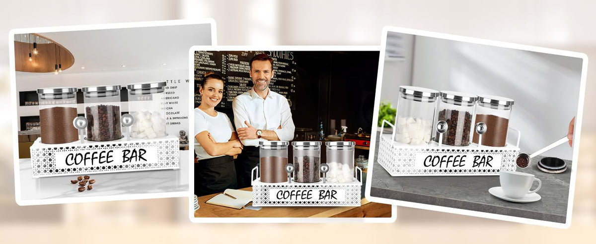 Glass Coffee Containers with Shelf 3x 47oz Coffee Station Organizer Glass Coffee Bean Storage with Spoon Coffee Canister Set Jars for Coffee Bean Ground Nuts