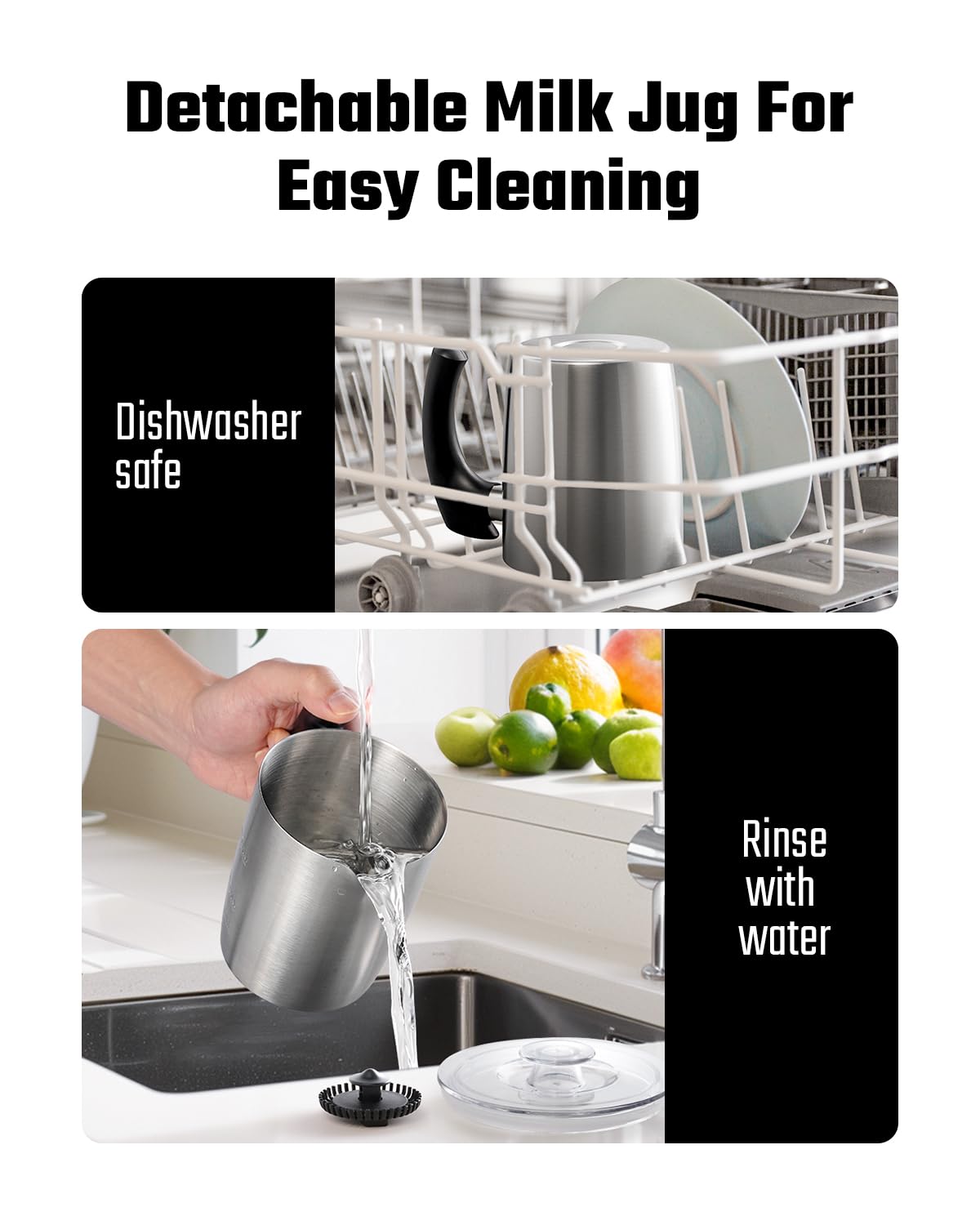 5-in-1 Milk Frother and Steamer, 17oz Detachable Stainless Steel Jug, 4 Adjustable Temperatures 130°F-160°F, Hot & Cold Foam Maker, Hot Chocolate Maker, Dishwasher Safe
