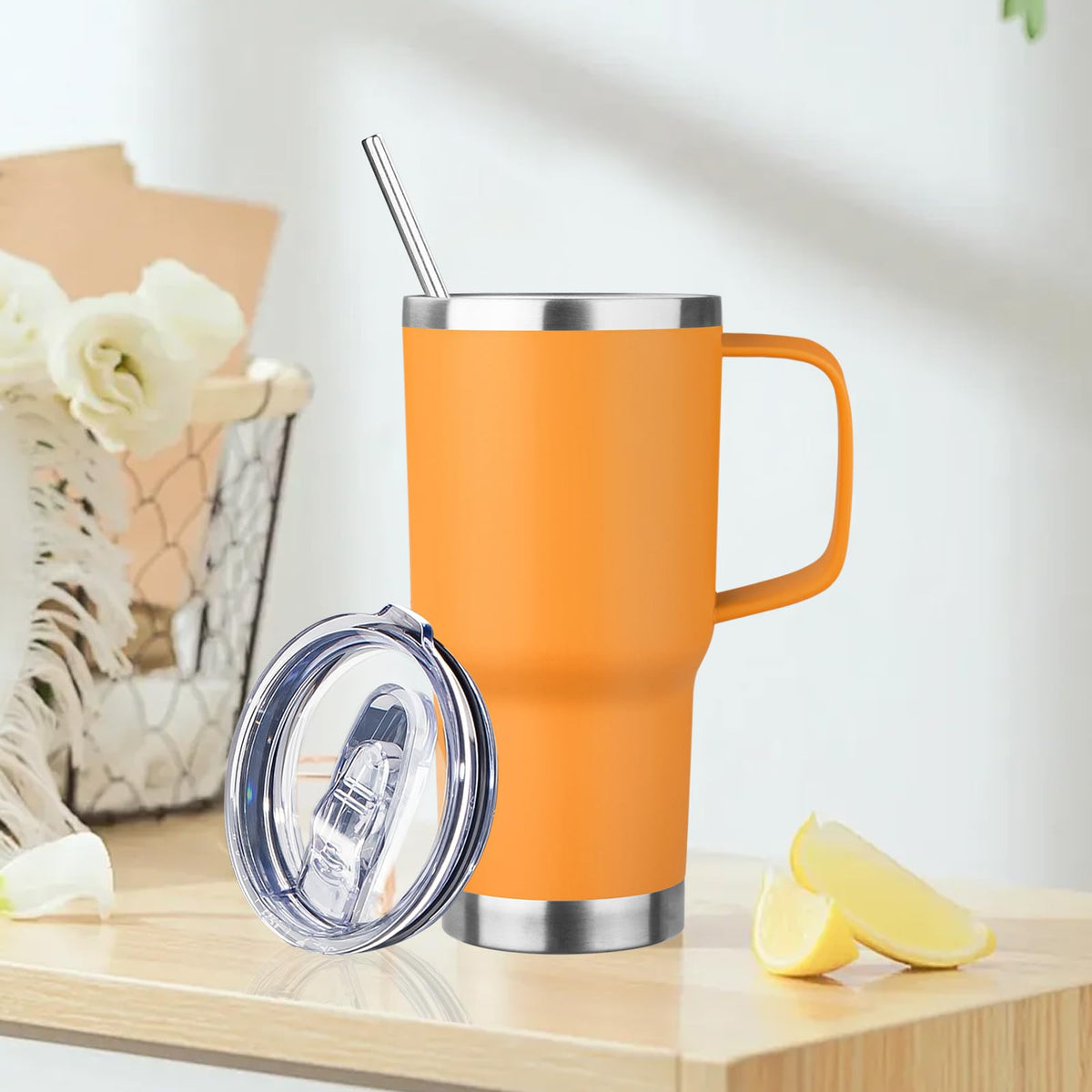 20oz Insulated Tumbler with Handle Stainless Steel Travel Coffee Mug with Lid and Straw Double Wall Vacuum Leak (4 Count)