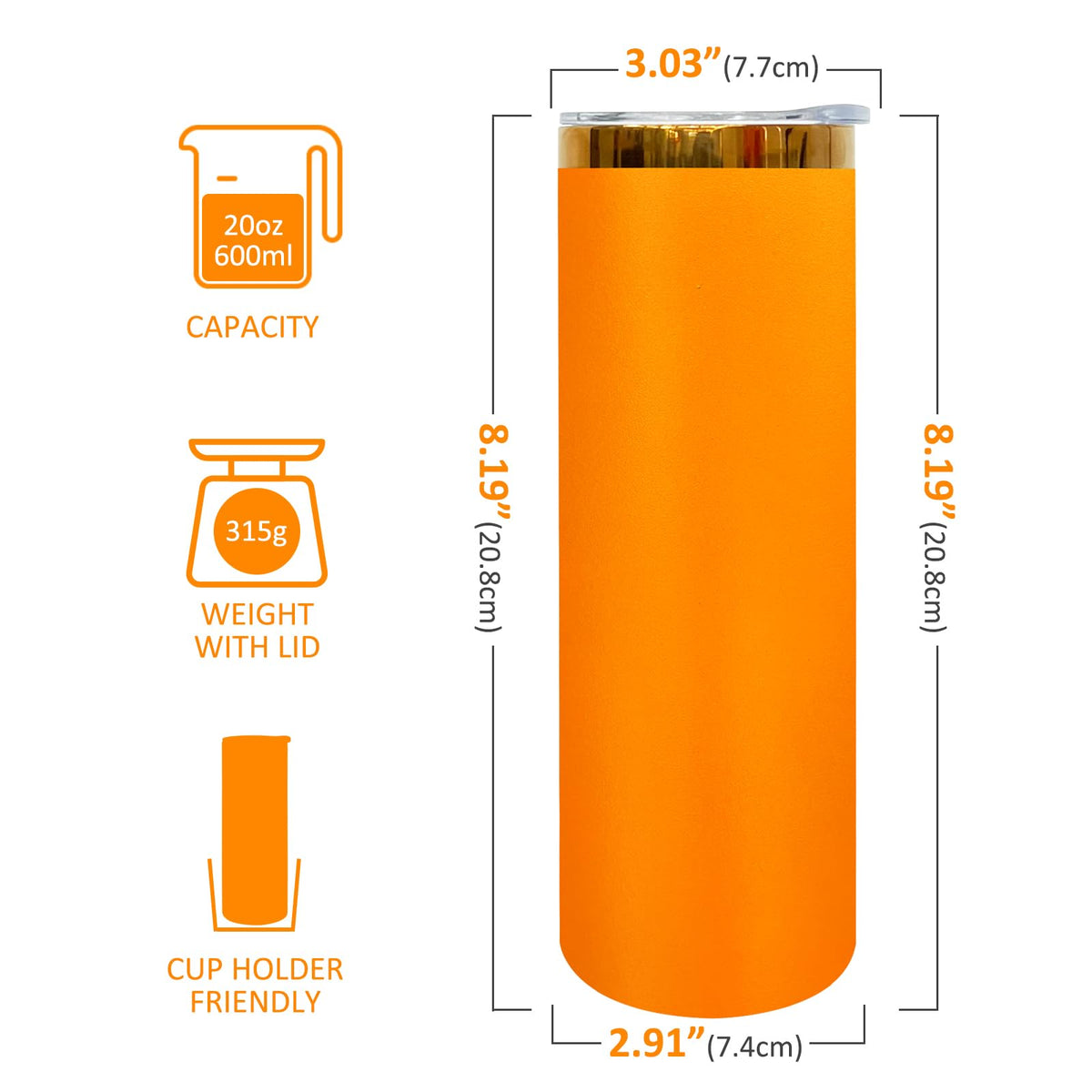 20 oz Skinny Tumbler With Lid and Straw Orange
