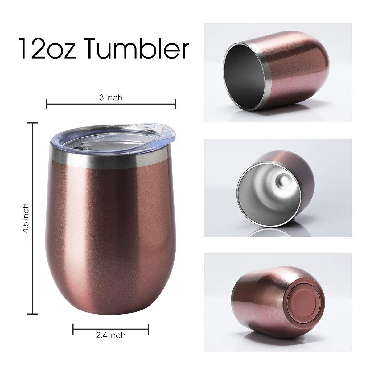 12oz Wine Tumbler with Lid Stemless Wine Glasses Double Wall Vacuum Travel Mugs stainless steel Coffee Cup for Cold & Hot Drinks Wine Coffee Cocktails Beer 12 Pack Rose Gold (12 Count)