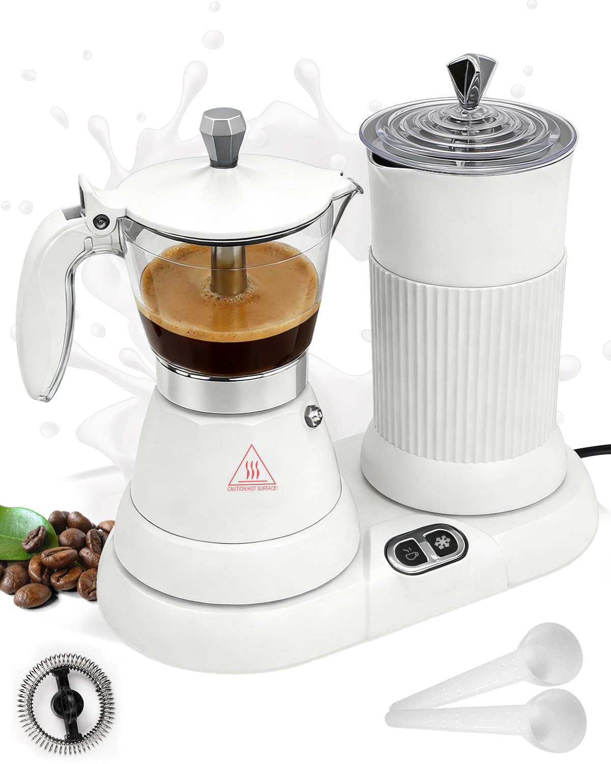2-in-1 Milk Frother Electric Foam Maker and Moka Coffee Maker Espresso Maker 110V Electric Base Aluminum Frother Moka Pot 5oz 150ml Frothing Easy Brewing Latte Cappuccino Home Gift White